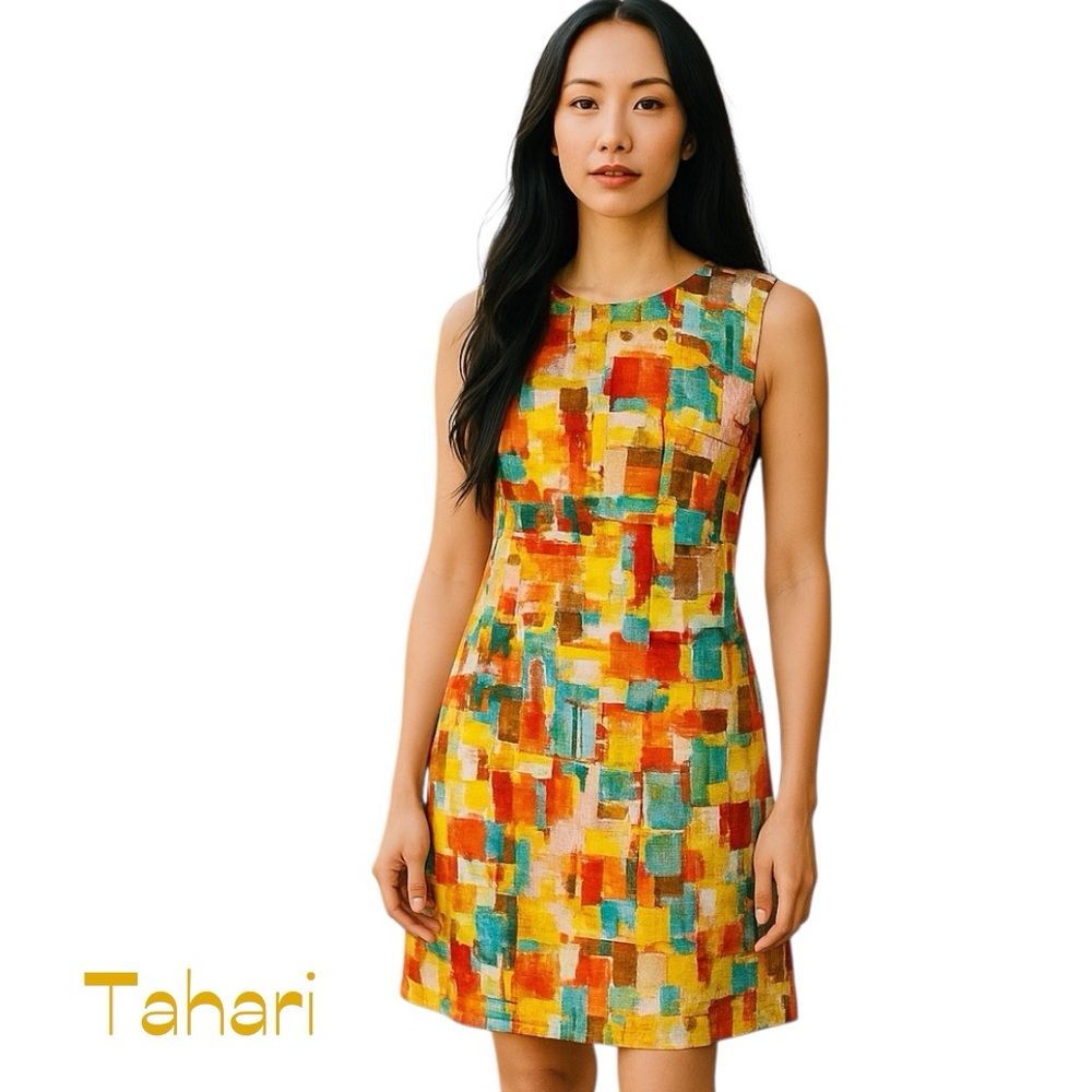 Tahari Bold Orange Yellow Teal Sleeveless Dress Nwot Size 2